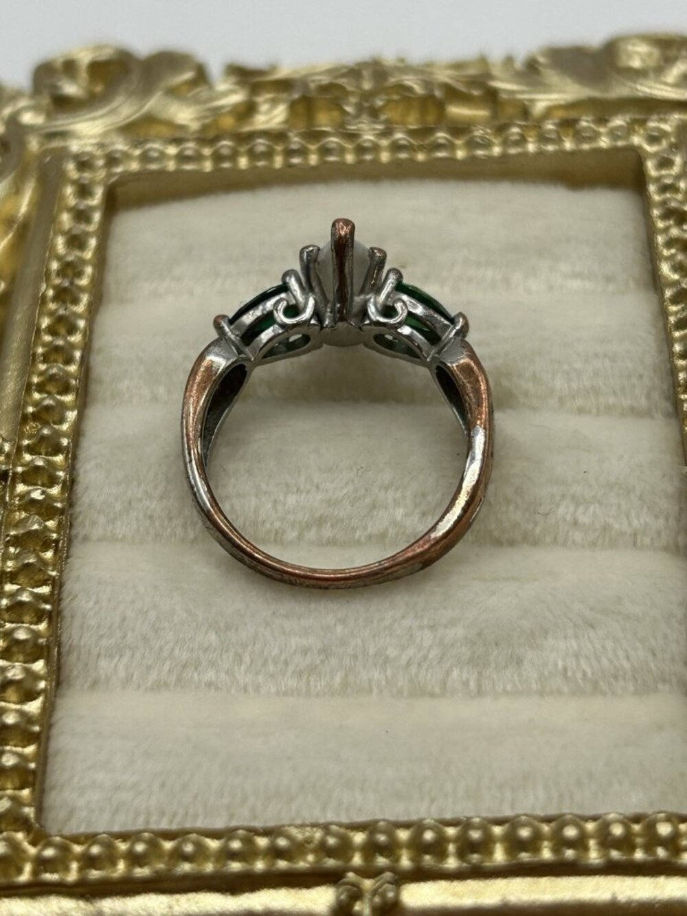 Vintage Marquise Clear & Green Stone Costume Ring Size 7 Mixed Metal As Is Craft - Picture 6 of 12